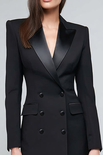 Satin Black Peak Lapel Midi Work Dress